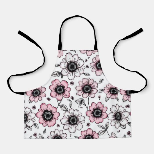 Roze bloemen en bladeren schetsontwerp schort (Voorkant)