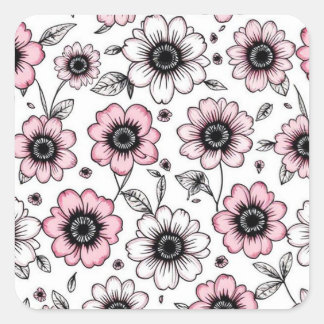 Roze bloemen en bladeren schetsontwerp vierkante sticker