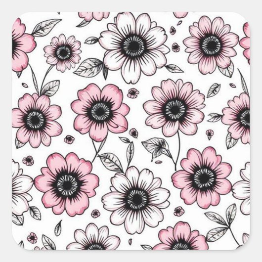 Roze bloemen en bladeren schetsontwerp vierkante sticker (Voorkant)