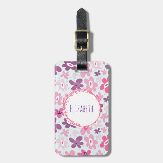 Roze bloemen en blauw hart bevestigen het griezeli bagagelabel (Voorkant verticaal)