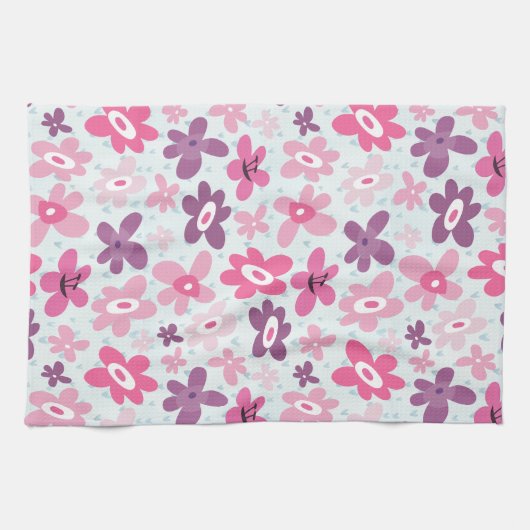 Roze bloemen en blauw hart bevestigen het griezeli theedoek (Horizontaal)