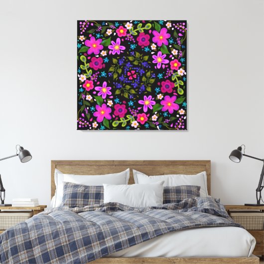 Roze bloemen en blauwe bessen Gedekte Boho Canvas Afdruk (Insitu (Slaapkamer))