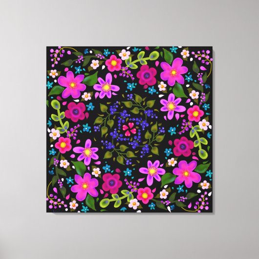 Roze bloemen en blauwe bessen Gedekte Boho Canvas Afdruk (Voorkant)