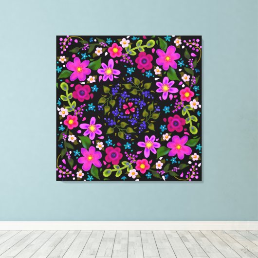 Roze bloemen en blauwe bessen Gedekte Boho Canvas Afdruk (Insitu (Houten vloer))