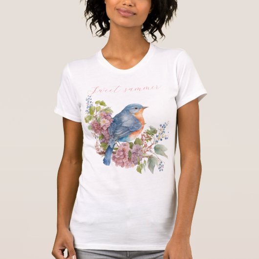 Roze bloemen en blauwe vogel vrouwen T-shirt (Voorkant)