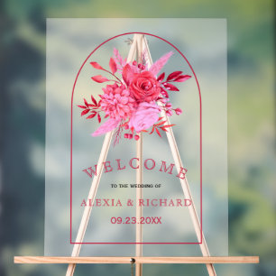 Roze bloemen en boog bevroren welkom bruiloft acryl bord