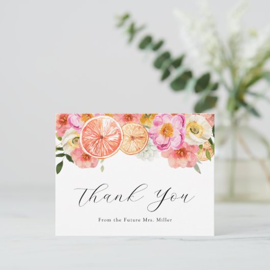 Roze Bloemen en Citroen Bedankbriefkaart Bedankkaart (Staand voorkant)