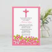  roze bloemen en de eerste Heilige Communie Kaart (Staand voorkant)