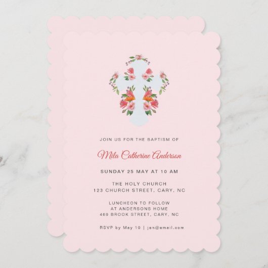 Roze Bloemen en Dop Kruis Kaart (Voorkant / Achterkant)