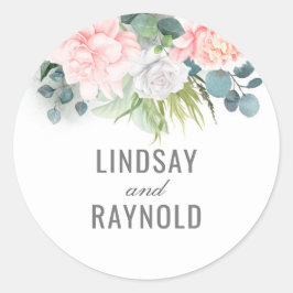 Roze Bloemen en Eucalyptus Groen Bruiloft Ronde Sticker