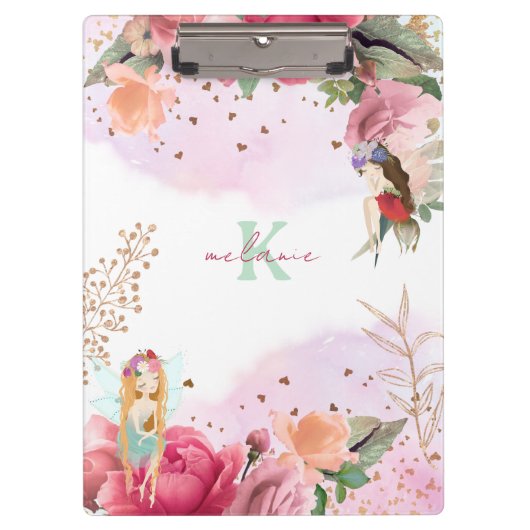 Roze Bloemen En Fairies Meisje Bewerkbaar Klembord (Voorkant)