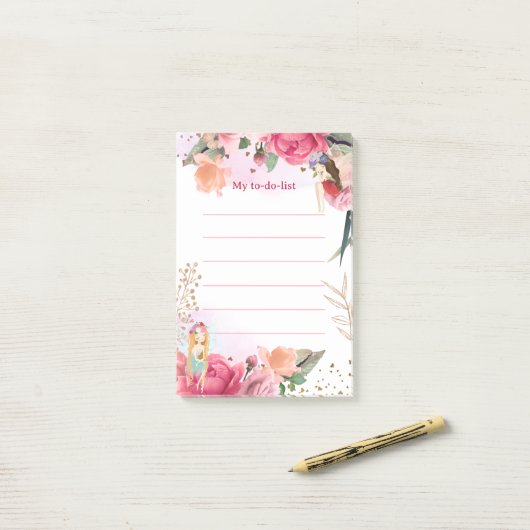 Roze Bloemen En Feeën Takenlijst Post-it® Notes (Op bureau)