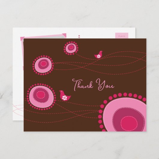 Roze bloemen en gelukkige vogels Dank u Briefkaart (Voorkant / Achterkant)