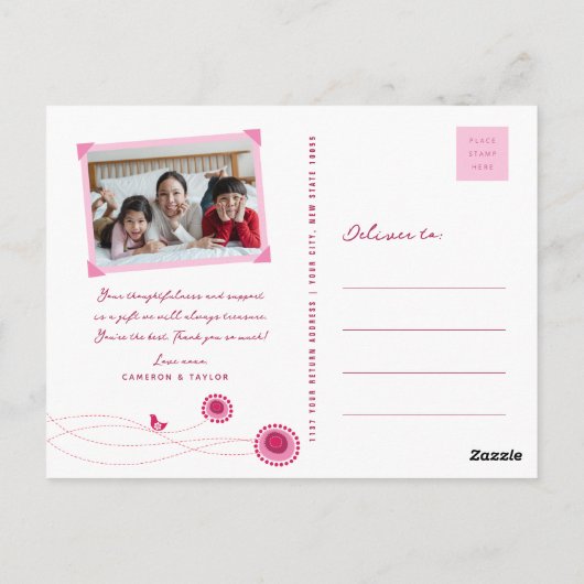 Roze bloemen en gelukkige vogels Dank u Briefkaart (Achterkant)