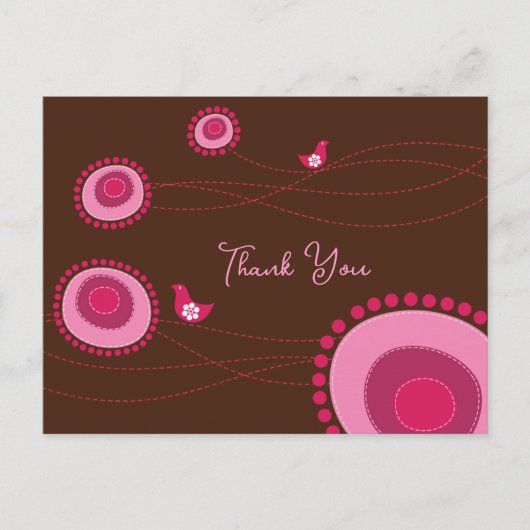 Roze bloemen en gelukkige vogels Dank u Briefkaart (Voorkant)