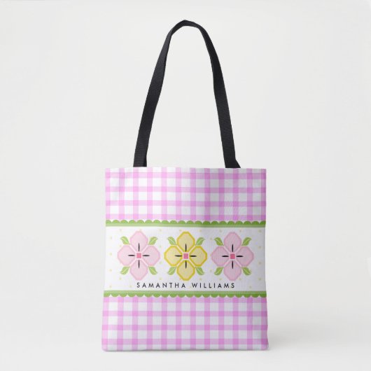 Roze Bloemen en Gingham Monogram Tote Bag (Voorkant)