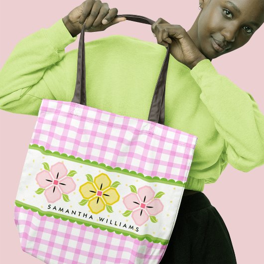 Roze Bloemen en Gingham Monogram Tote Bag