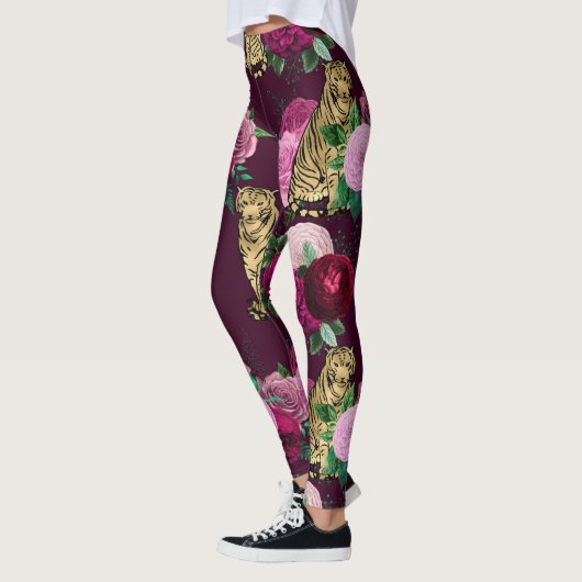 Roze bloemen en Gold Big Cats Print Workout Leggings (Links)