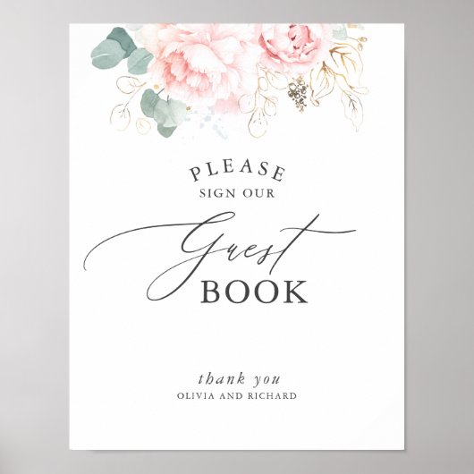 Roze bloemen en goud groen gastenboek teken poster (Voorkant)
