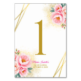 Roze Bloemen en Goud Quinceańera Kaart