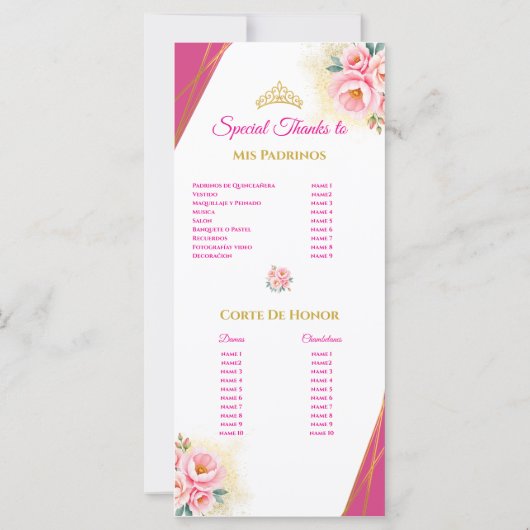 Roze Bloemen en Goud Quinceañera Orde van Evenemen (Achterkant)