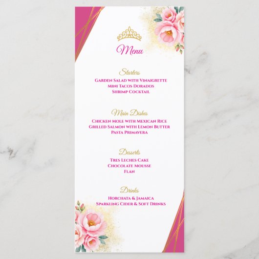 Roze Bloemen en Goud Quinceañera Tafelmenu Menu (Voorkant)
