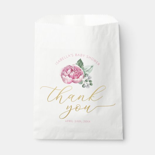 Roze Bloemen en Goud Script Baby shower Bedankt Bedankzakje (Voorkant)