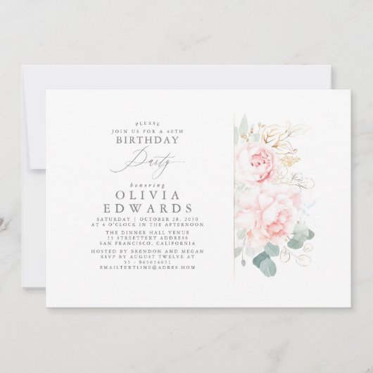 Roze Bloemen en Gouden Bladeren Elegante Verjaarda Kaart (Voorkant)