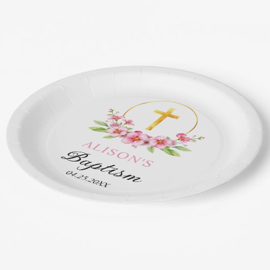 Roze bloemen en gouden kruis meisje bloemendoop papieren bordje (Gekanteld)