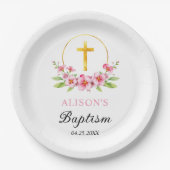 Roze bloemen en gouden kruis meisje bloemendoop papieren bordje (Voorkant)