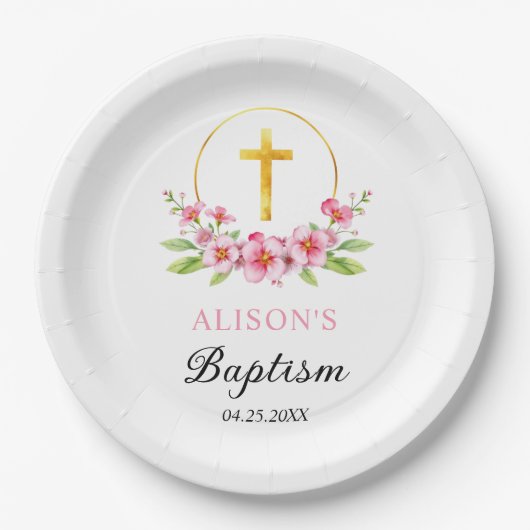 Roze bloemen en gouden kruis meisje bloemendoop papieren bordje