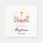 Roze bloemen en gouden kruis meisje bloemendoop servet (Voorkant)