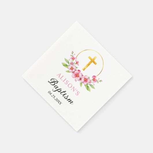 Roze bloemen en gouden kruis meisje bloemendoop servet (Hoek)