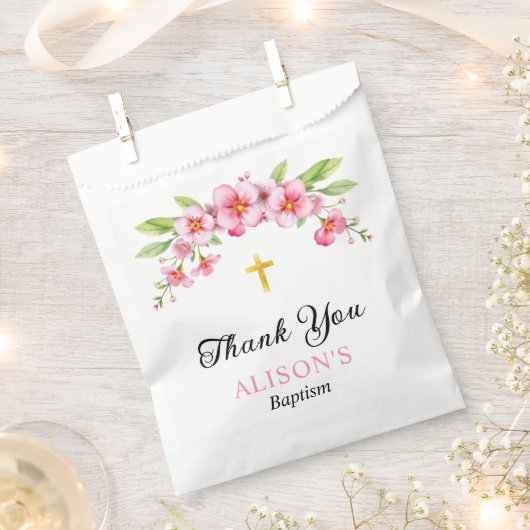 Roze bloemen en gouden kruis meisje doop Dank u Bedankzakje (Geknipt)