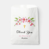 Roze bloemen en gouden kruis meisje doop Dank u Bedankzakje (Voorkant)