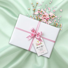 Roze bloemen en gouden kruis meisje doop Dank u Cadeaulabel