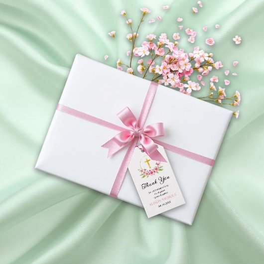 Roze bloemen en gouden kruis meisje doop Dank u Cadeaulabel