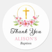Roze bloemen en gouden kruis meisje doop Dank u Ronde Sticker (Voorkant)