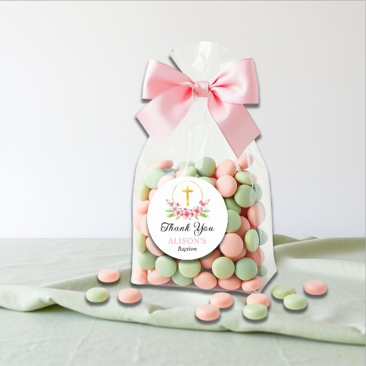 Roze bloemen en gouden kruis meisje doop Dank u Ronde Sticker