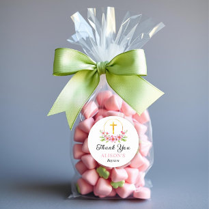 Roze bloemen en gouden kruis meisje doop Dank u Ronde Sticker