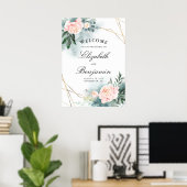 Roze bloemen en gouden Lijsten Welkomstbord Poster (Thuiskantoor)