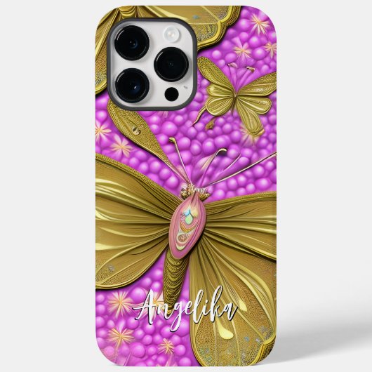Roze Bloemen en Gouden Vlinders Naam Case-Mate iPhone Case (Achterkant)