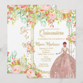  Roze bloemen en goudglitters Quinceanera  Kaart (Voorkant / Achterkant)