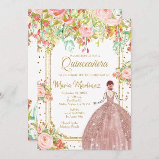  Roze bloemen en goudglitters Quinceanera  Kaart (Voorkant / Achterkant)