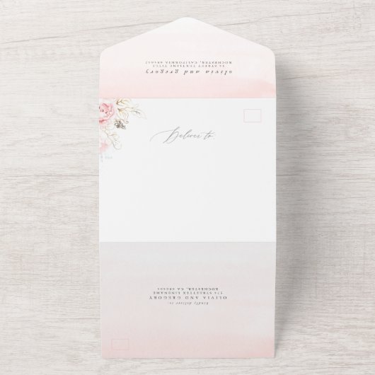 Roze bloemen en goudgroene bruinbruiddweddenschapp all in one uitnodiging (Buitenkant)