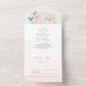 Roze bloemen en goudgroene bruinbruiddweddenschapp all in one uitnodiging (Binnen)