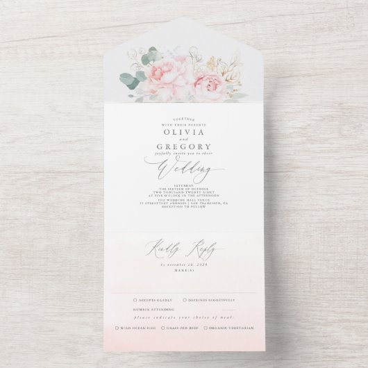 Roze bloemen en goudgroene bruinbruiddweddenschapp all in one uitnodiging (Binnen)