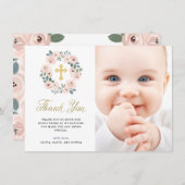 roze bloemen en goudkruis | Baptisemfoto Bedankkaart (Voorkant / Achterkant)