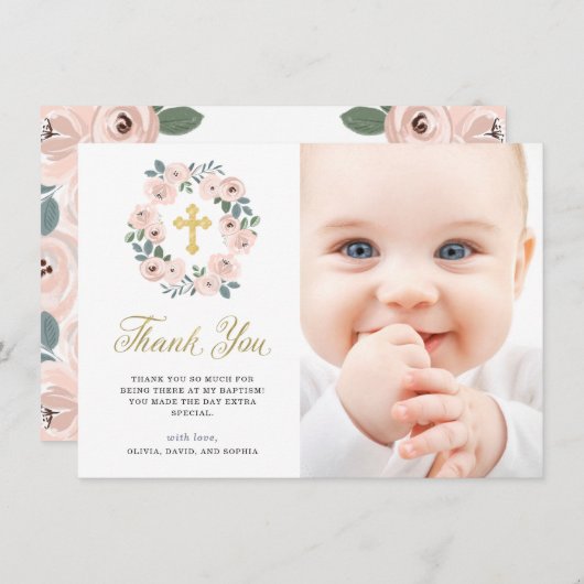  roze bloemen en goudkruis | Baptisemfoto Bedankkaart (Voorkant / Achterkant)