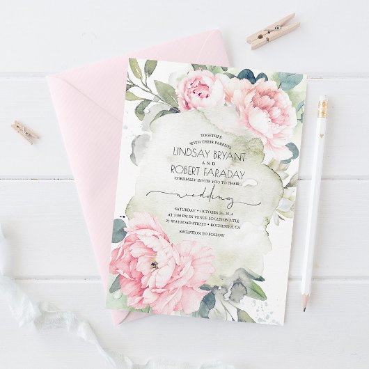 Roze bloemen en Greenery Elegant Vintage Wedding Kaart